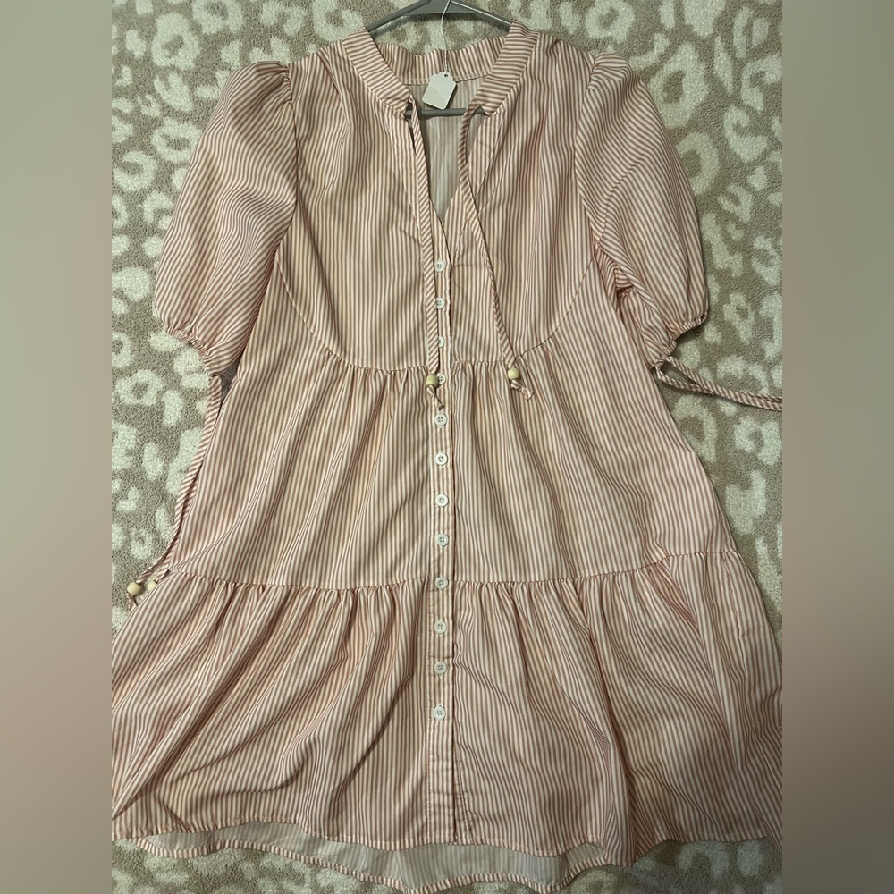 Striped Puff Sleeve Button Front Dress with Tie Waist S/M